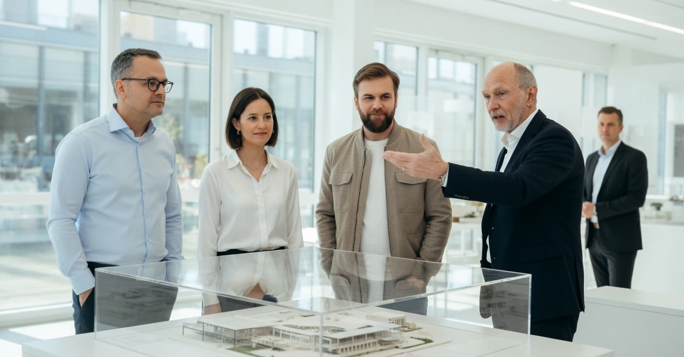 Din Ventilation team discussing ventilation solutions in modern showroom